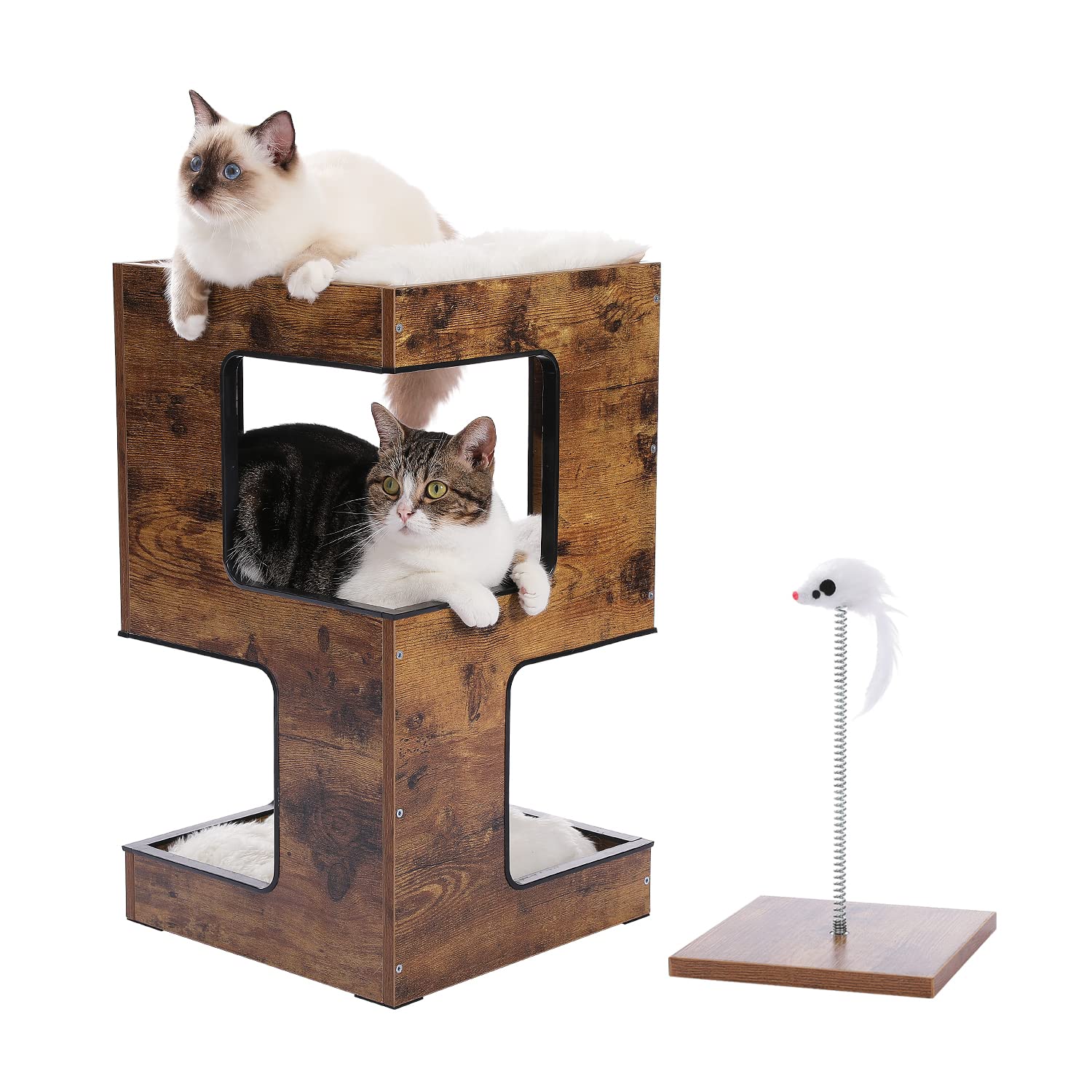 PETEPELA(ぺテぺラ) キャットタワー 猫ベッド 木製 木目調 三階 3層 おもちゃ クッション付き 爪とぎマット付属 バリバリ コンパクト 多用 家具 インテリア - 高さ60cm
