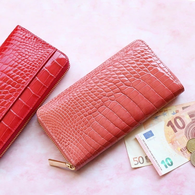 クロコダイル 長財布 レディース ラウンドファスナー シャイニング 加工 ゴールド ファスナー 本革 全12色 婦人財布 高級感 艶 美しい 母 女性 母の日 ギフト プレゼント 4FA (06001