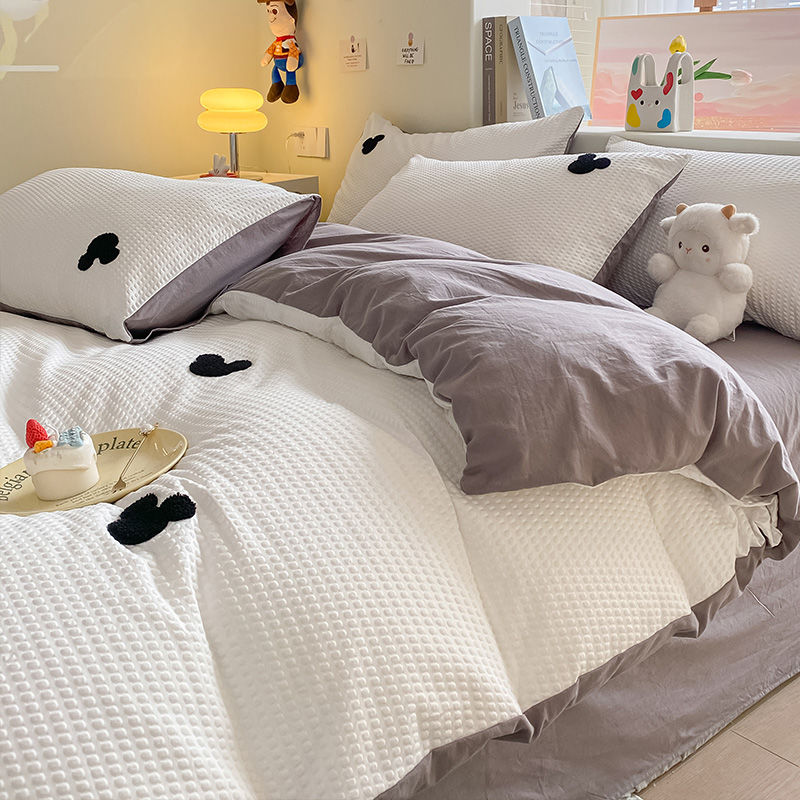 インウォッシュコットンベッドシーツ4点セット学生寮ベッド用スリーピースシングル掛け布団カバー綿なし純綿寝具430%制限