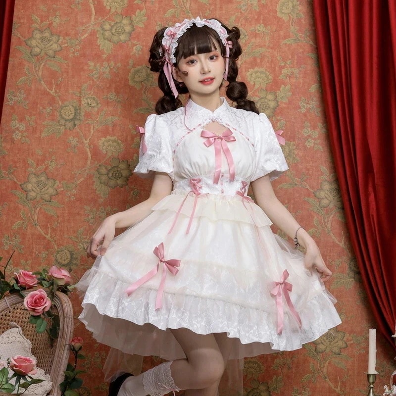 【急速出荷!】人気新作 中華ロリータ ワンピース ドレス 半袖 メイド服 ゴスロリ チャイナ服 ゴシックロリータ ２点セットロリータドレス+ヘアバンド付き 3色 双子コーデ ル リボン コスプレ衣装