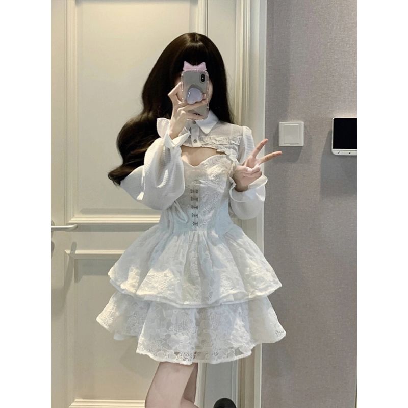 ロリータ メイド服 二次元 韓国ファッション 初秋 純情 スーツ スカート 日焼け止め ショール レース サスペンダー ドレス デザイン風 ツーピース セット