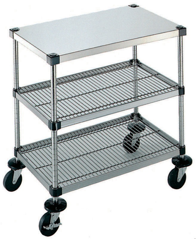 本間冬治工業 弁慶シェルフワゴン 3段 上段ボード棚/中下段メッシュ棚 610x760xH827mm 6-3-B-2M-7