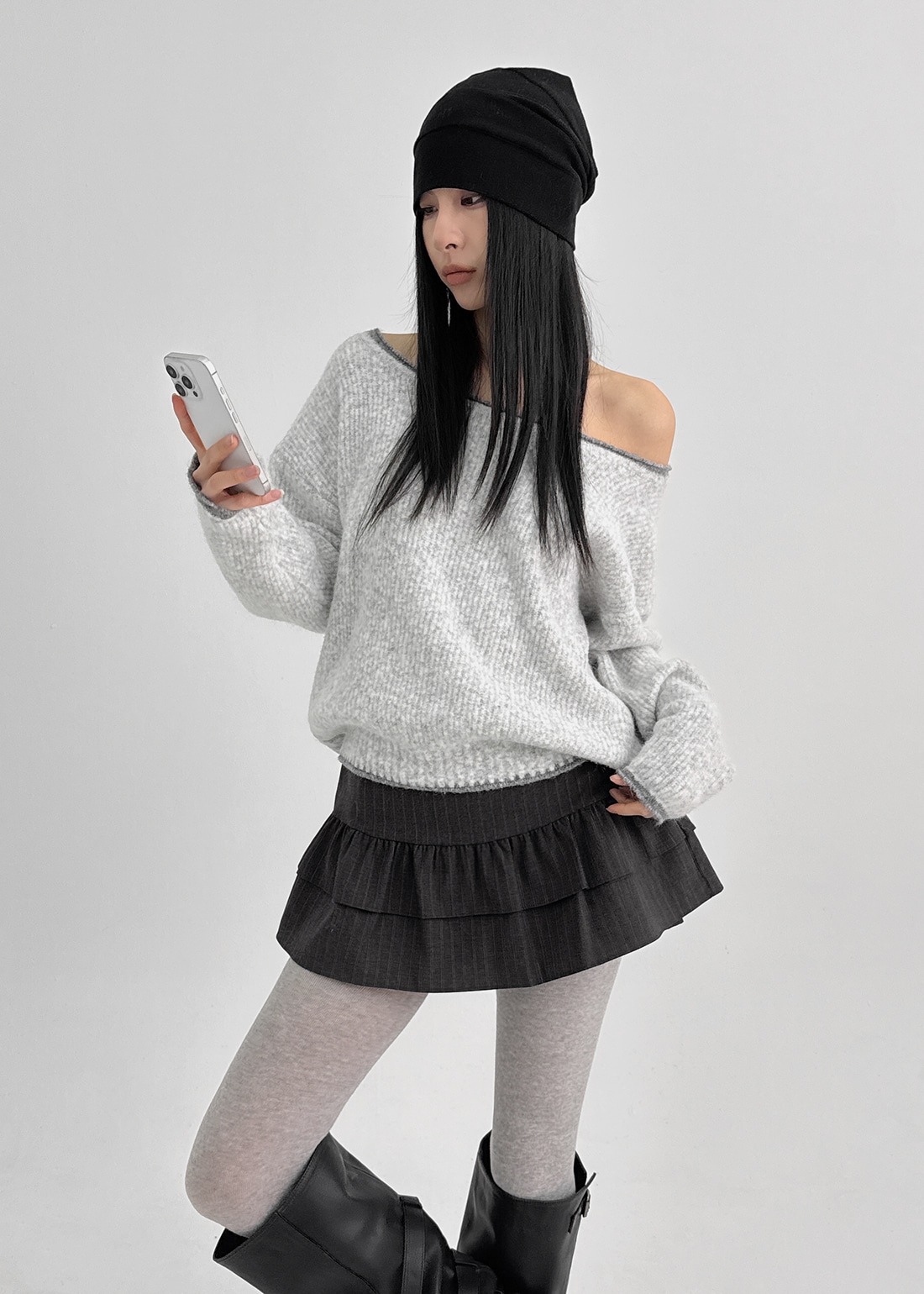 ロエディ カラーブロック オフショルダー ニット