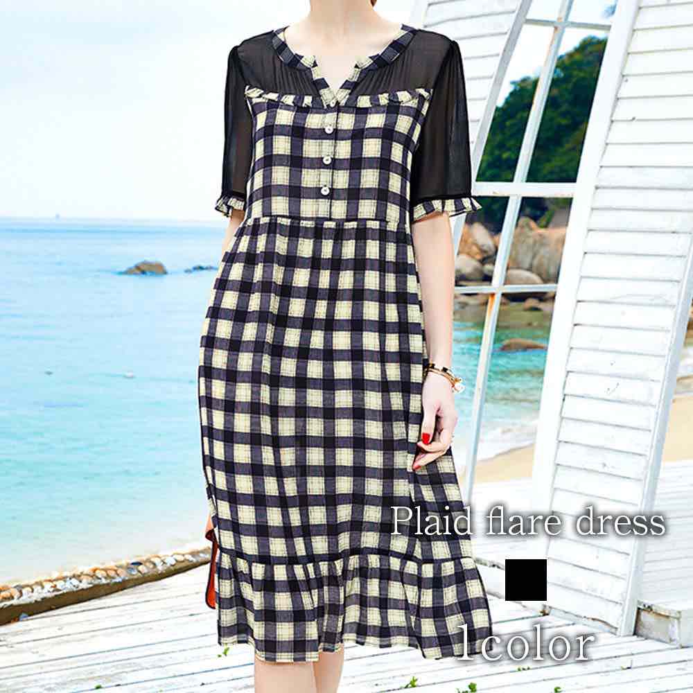 ワンピース レディース チェック柄フレアワンピース 大きいサイズ 薄手 韓国 かわいい おしゃれ アウトドア 安い 夏 前開き トップス 春 大人 しっかり ロング 半袖 40代 ニット きれいめ ル