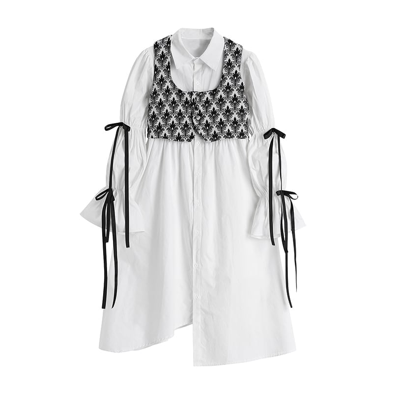 レディース ワンピース ベスト ２点セット ボリューム袖 長袖 リボン シャツワンピース