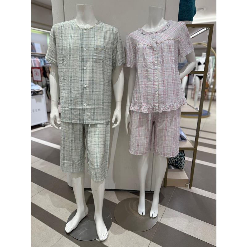 NR素材のチェック柄カップルパジャマ(MP8856B, WP8856R)