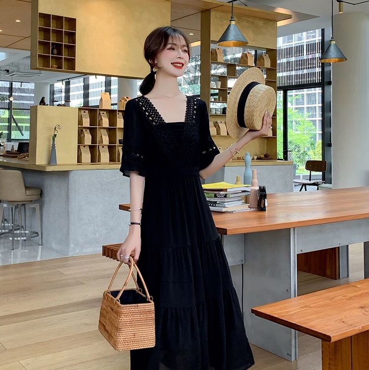 レースレトロワンピース シフォンワンピース ロングワンピース フレンチシフォンワンピース ワンピース プルオーバー ロングスカート フレアスカート 袖あり 半袖 5分袖 五分袖 スクエアネック スリム