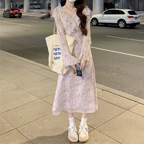 ロングワンピース レディース ワンピース ロング ロング丈 Vネック フリル 長袖 花柄 小花柄 薄手 透け感 フレア ハイウエスト フラワー フェミニン ガーリー キュート 清楚系 清潔感 春 秋