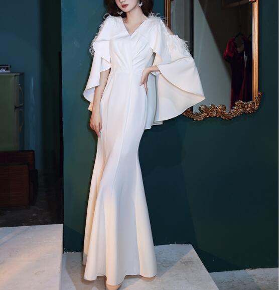 ドレス　Vネック　ワンピース　白　ロングドレス　パーティー　結婚式　イブニングドレス　着瘦せ　上品