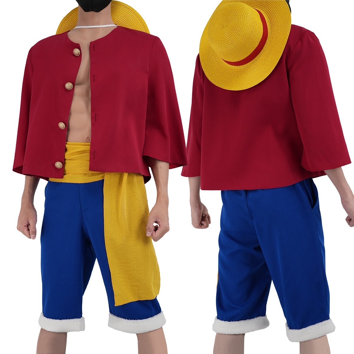 [2026 新作]HOLOUNCOSER ワンピース ONE PIECE モンキー・D・ルフィ 2年後 衣装 赤シャツ 青半ズボン 腰巻付 麦わら帽子 コスプレ C服 フルセット 仮装 ハロウィン ア