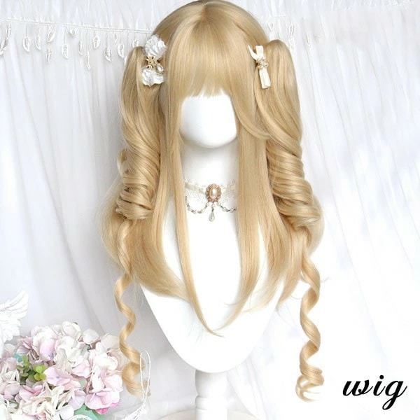 ウィッグ レディース フルウィッグ ロング ツイテール 巻き髪 金髪 ゴールド ぱっつん前髪 可愛い かわいい 大人用 コスプレ ロリータ ゴスロリ コスチューム 原宿風 仮装 超自然 かつら wig