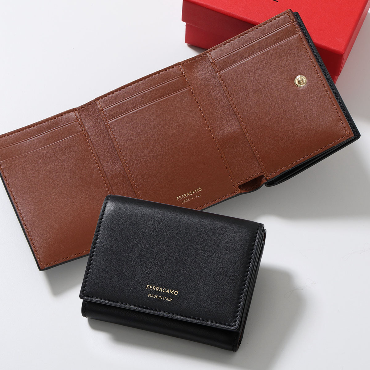 FERRAGAMO フェラガモ 三つ折り財布 COMPACT WALLET 22 0867 レディース レザー ロゴ バイカラー ミニ財布 001/NERO