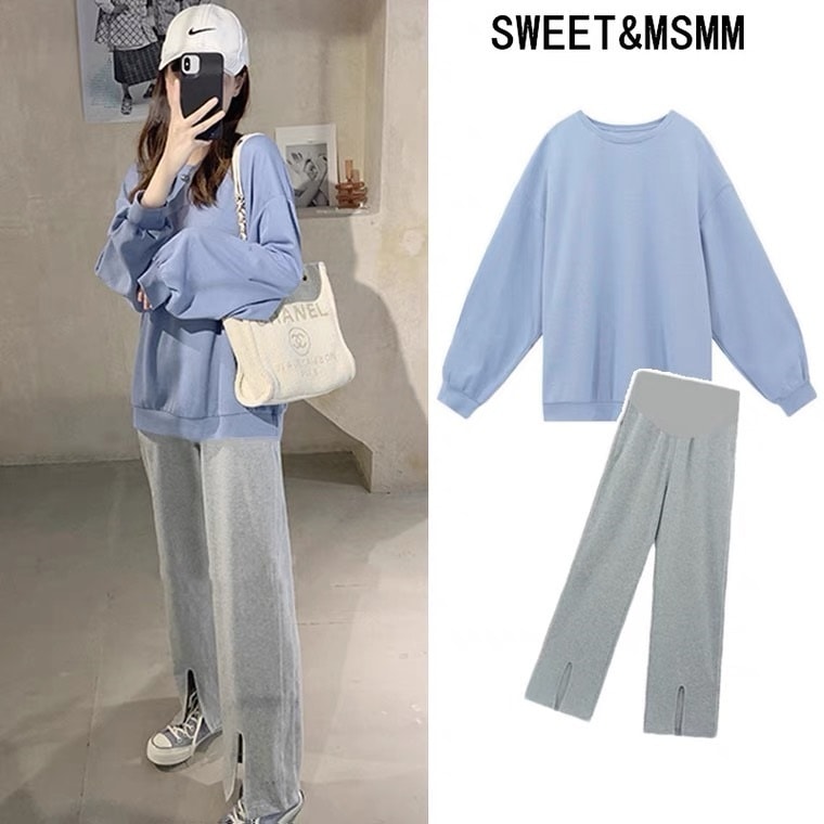 【送料無料】マタニティ セットアップ トップス + パンツ 2点セット 長袖 ラウンドネック