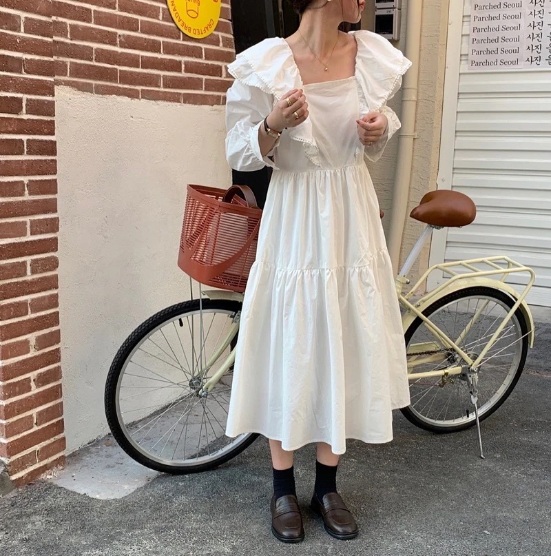 ティアードワンピース ドレス ワンピース 袖あり 長袖 膝下 ミモレ丈 ハイウエスト 切り替え スクエアネック 大きめ襟 襟付き シンプル 無地 ふんわり ゆったり ゆる ルーズ 大人 カジュアル