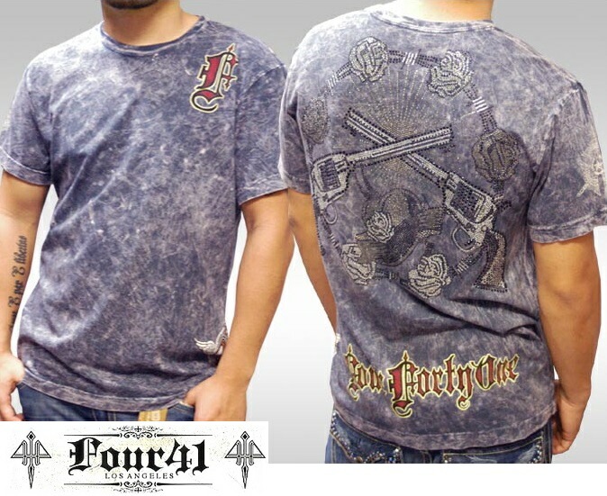 Four41 Los Angeles フォーフォーティーワン メンズ ラインストーン Tシャツ ガン&ローゼス グレー k-19 スワロフスキー インポート セレブ ブランド ストリート LAセレブ