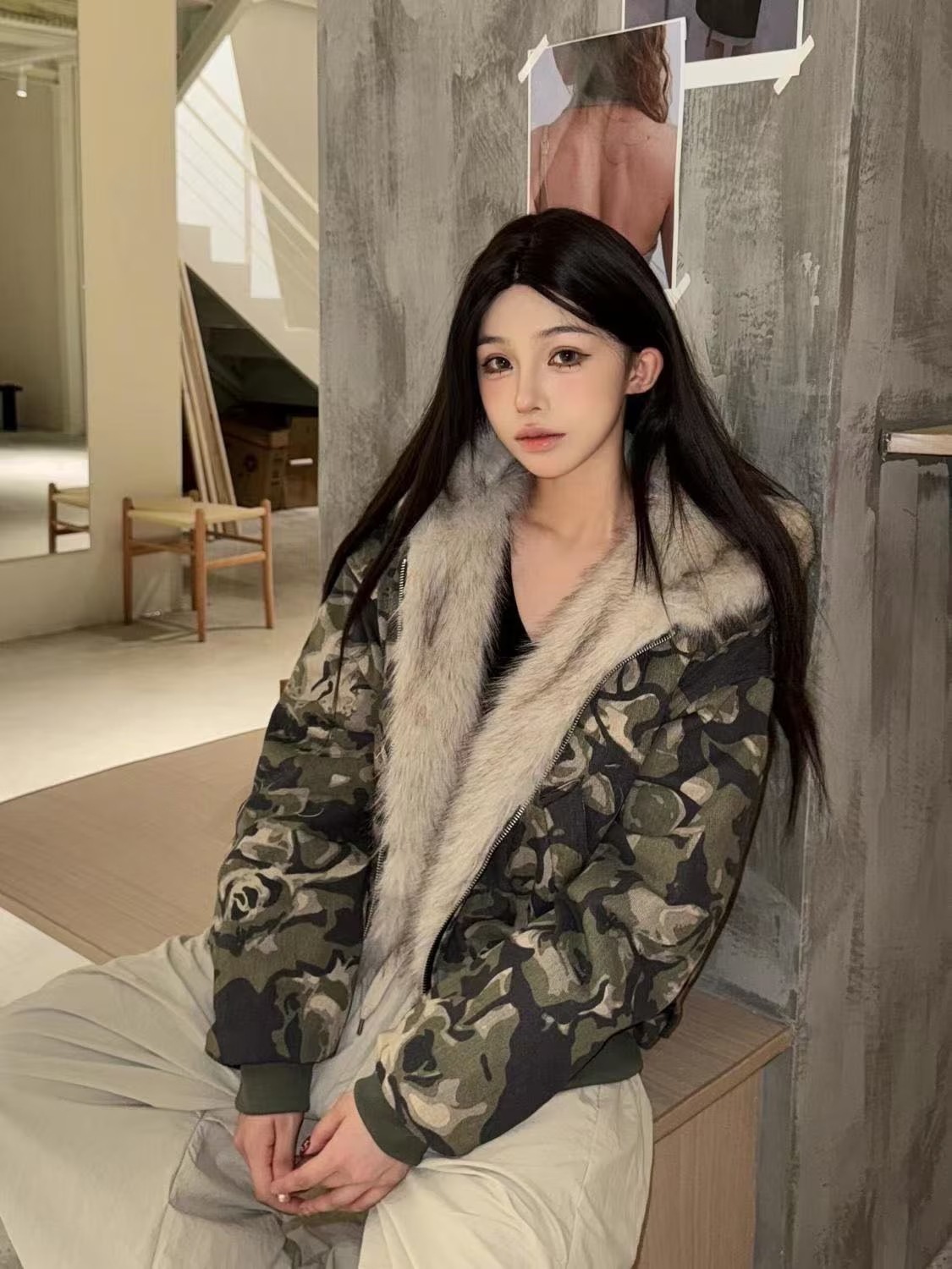 【y2k/フィットミーチム/ハイクオリティ】 1147. カモ ファー キルティング ダウン フード ダウン キルティングダウン オーバーフィット ルーズ y2k デイリー 冬 アウター ファージャケ