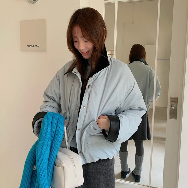 リバーシブルカラーブロックダウンジャケットホワイトダックダウン女性用の暖かい秋冬コート