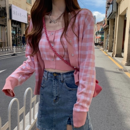 ギンガムチェック柄カーディガンアンサンブル トップス ニット カーディガン 長袖 ラウンドネック