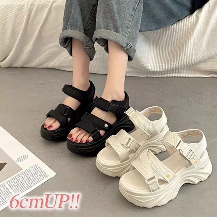 レディース 厚底サンダル 6cmアップ ローマンスタイル 疲れない ストラップ ブラック ホワイト ベージュ