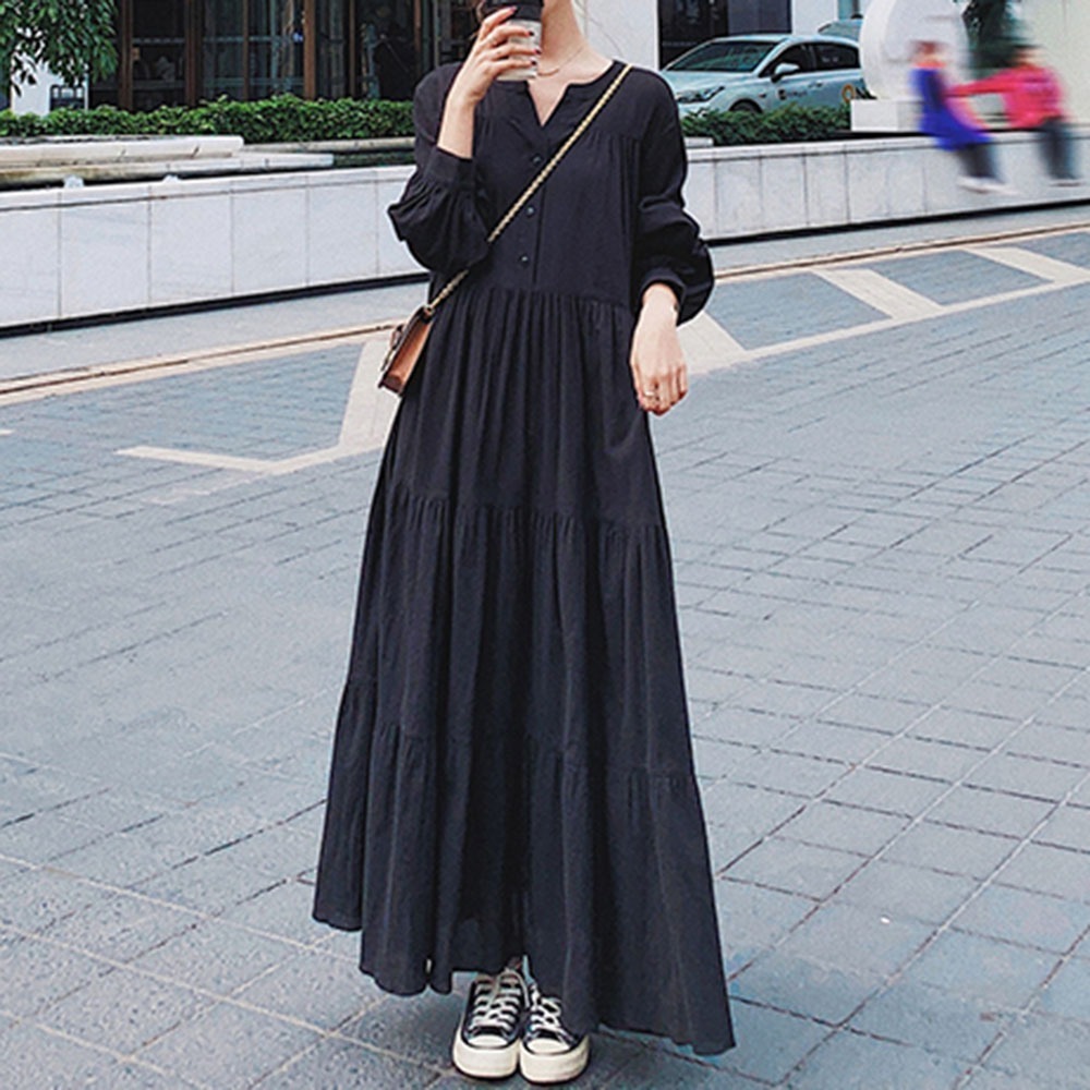 【韓国の人気爆発】体型カバーできる ティアードギャザー無地AラインランタンスリーブVネックマキシワンピース 5,505円