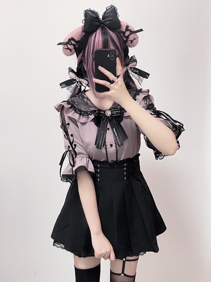 lolita地雷パーカーロリータ ワンピース ゴスロリドレスクマ地雷量産型レース袖口ネクタイシャツ可愛い