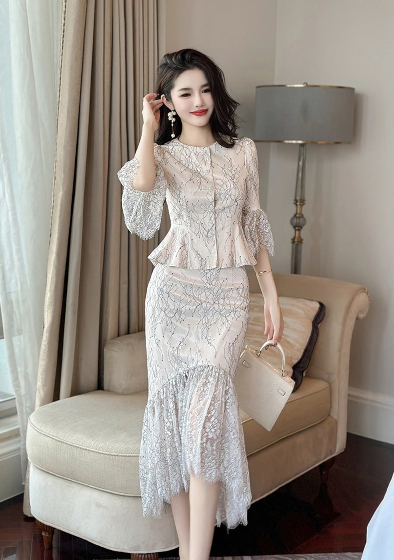 【JY.上品】 夏 レース 上下セット ブラウス フリル マーメイド セットアップ レーススカート ドレス パーティー キャバ 着痩せ 大人 お呼ばれ 同窓会 披露宴 卒業式 結婚式 ウェディング 二 6,051円