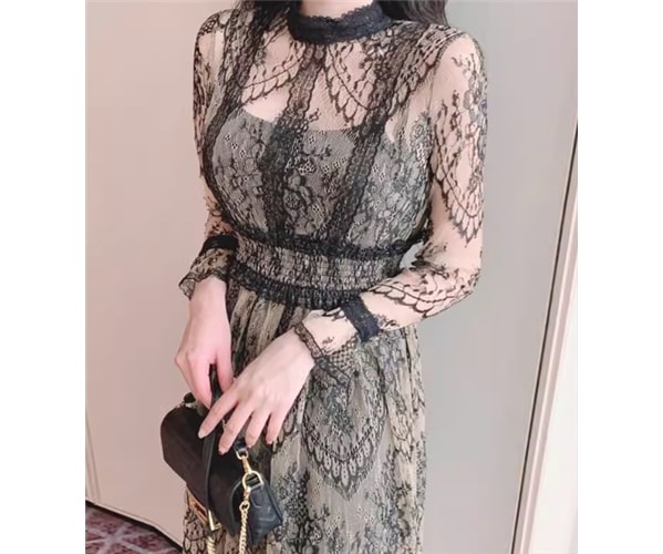 レディース ワンピース ドレス ロング 長袖 スタンドカラー スリム 細身 Aライン レース ウエストマーク ハイウエスト 大人可愛い きれいめ 上品 おしゃれ ガーリー 個性的 エレガント 存在感