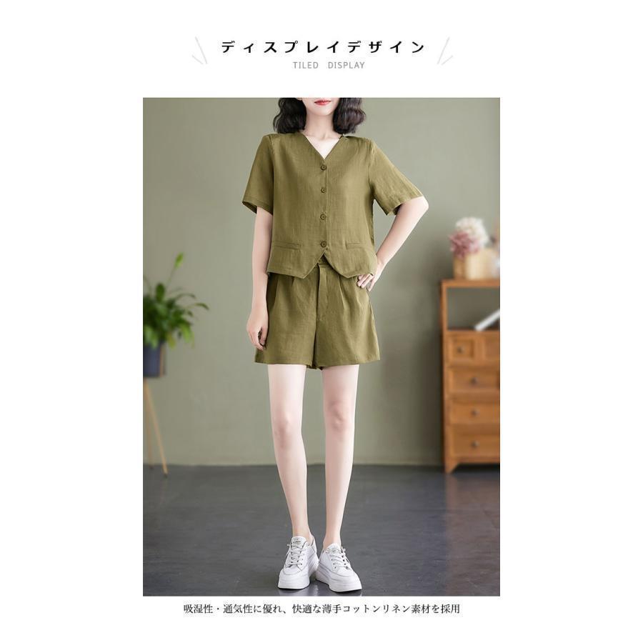 半袖 リネンシャツ レディース ショートパンツ 夏 カジュアルシャツ 半袖ブラウス 綿麻 Vネック デコルテ見せ 上下2点セット リネンパンツ
