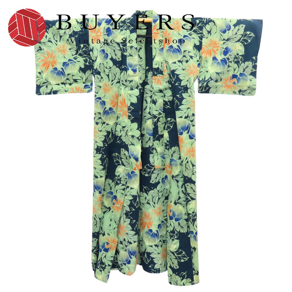 中古 浴衣 綿 ネイビー グリーン オレンジ ゆかた ボタニカル 和装 呉服 和服 きもの レディース 女性