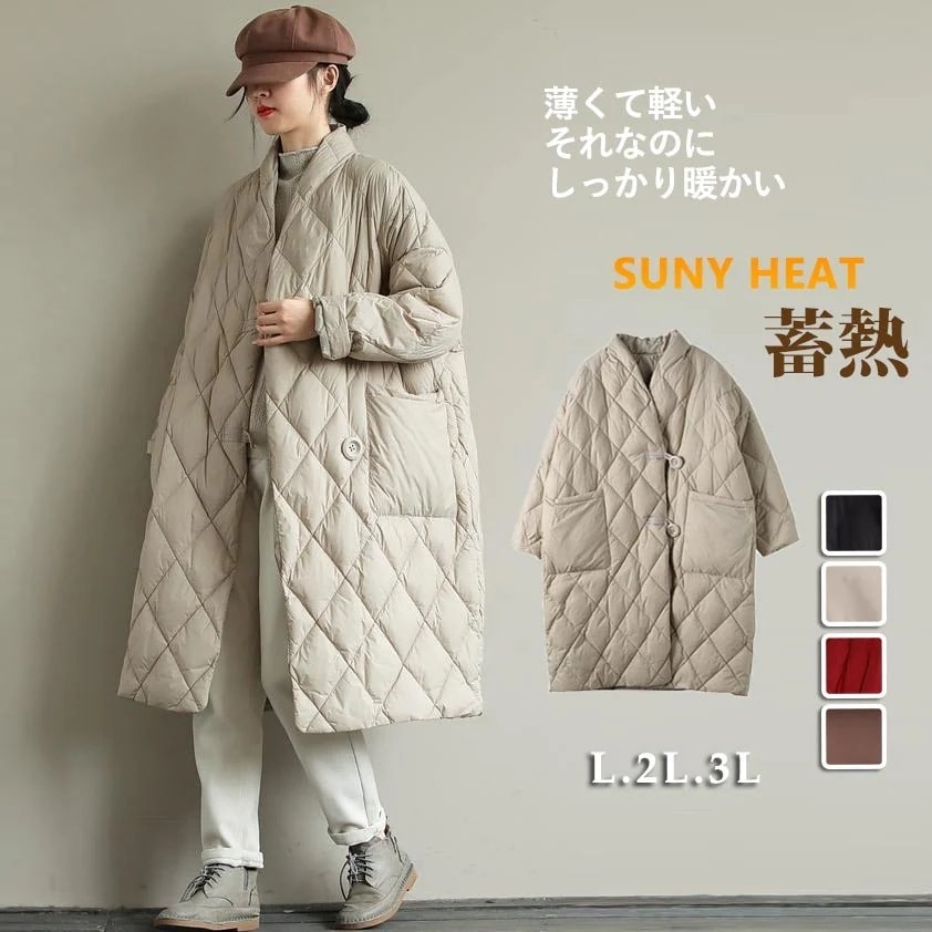 キルティング 綿入れ コート ロング丈 中綿 ゆったり キルティングコート レディース 防寒 ロングコートベージュ 黒 M L 2L 3L女性 プレゼント 大きいサイズ