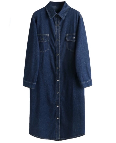 レディース ワンピース ロング 長袖 襟付き 角襟 ストレート Iライン 前開き デニム ブルーデニム 大人可愛い シンプル カジュアル ナチュラル 無地 春 秋 10代 20代 30代 40代