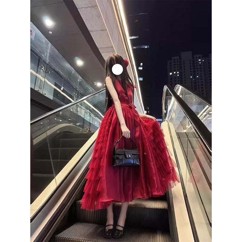 レッドノースリーブベストドレスプリンセススカートスーパーフェアリースカートロングスカート