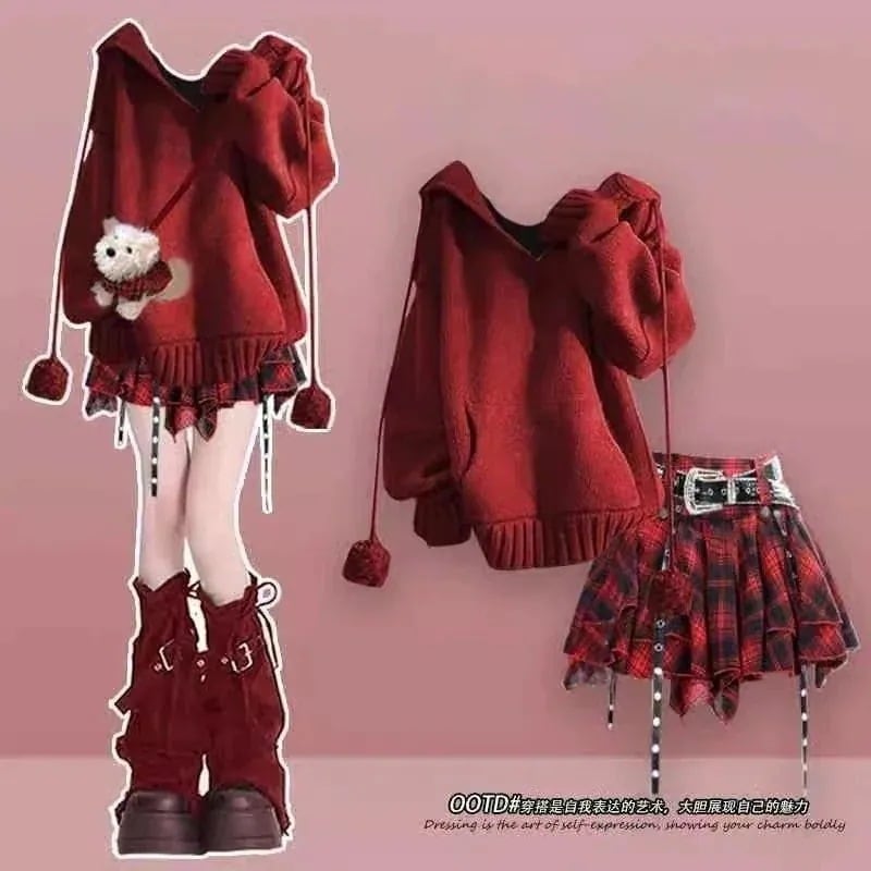 秋冬 赤ニットビッグサイズ レッド フード ショートスカート セットアップデート