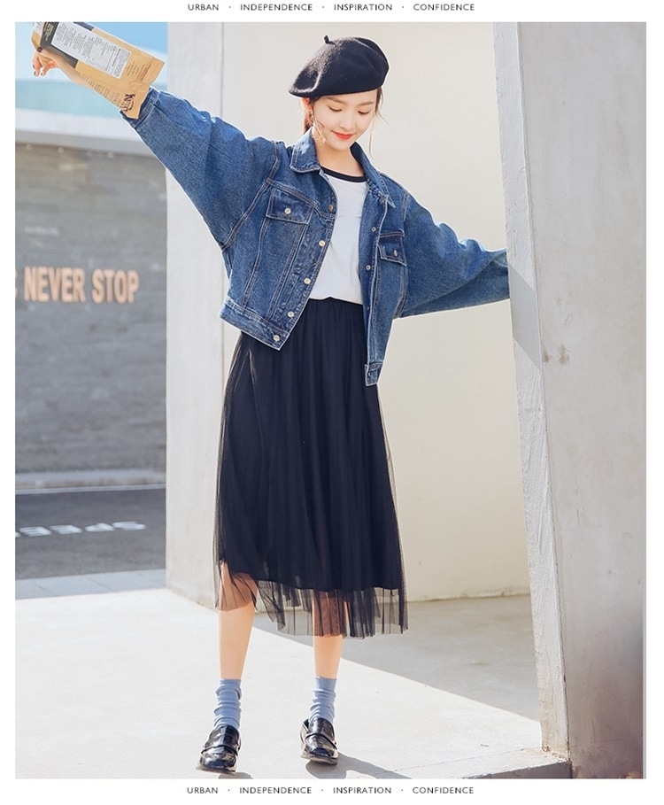 3125.カジュアル プリーツチュール膝丈スカート（ブラック）