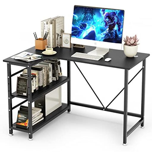 コーナーデスク L字型 幅110CM 収納ラック付き パソコンデスク PCデスク テレワーク用 左棚 DEWEL ラック付きデスク パソコンラック 木製 L字デスク 収納棚付き アジャスタ付き 横揺れ