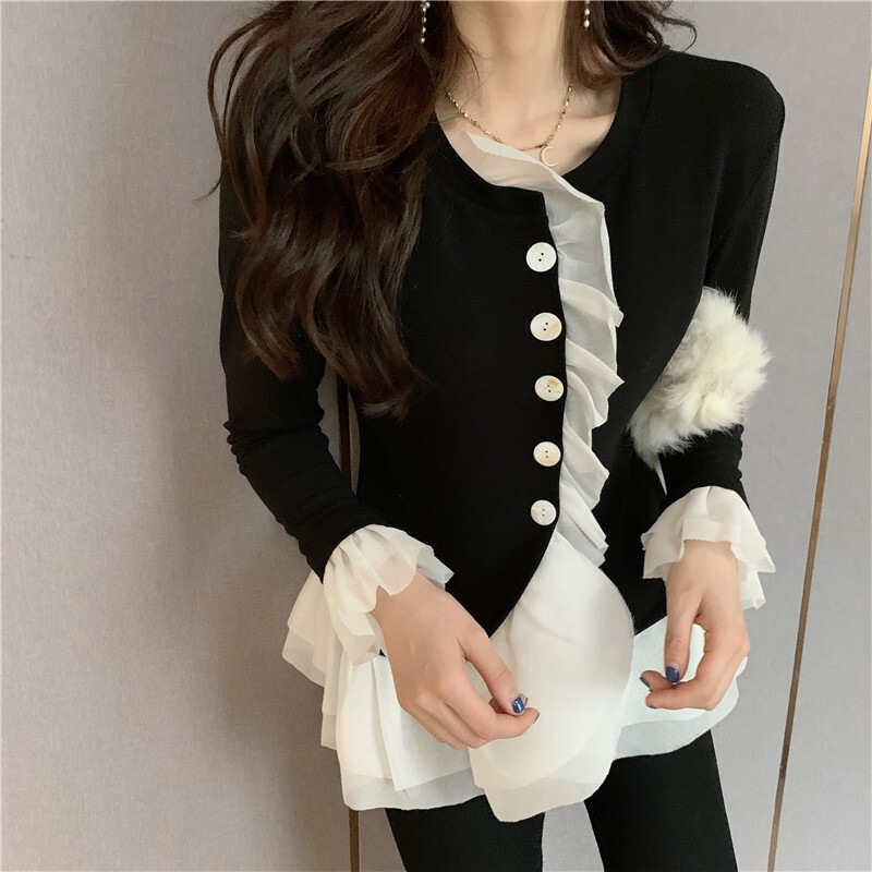 トップス カーディガン レディース 春 秋 かわいい 長袖 長袖 フリル袖 Uネック ラウンドネック 襟なし ノーカラー スリム 細身 ペプラム ドッキング シフォン フリル 透け感 白 ホワイト 黒