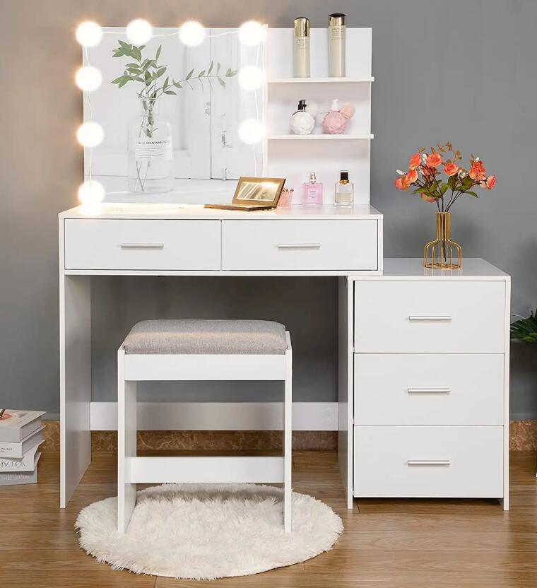 北欧風化粧台　家具モダンな美しい化粧用ドレッシングテーブルLEDミラーと引き出し付き ベッドルームドレッシングテーブルドレッサーホワイトメイクアップテーブル