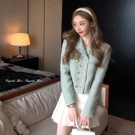 アウター レディース ジャケット ツイード XS S M L 韓国 上着 袖あり レトロ 長袖 襟付き 細身 かわいい 大人可愛い グリーン 緑 ボタン ミントグリーン モテ 無地 きれいめ シンプル