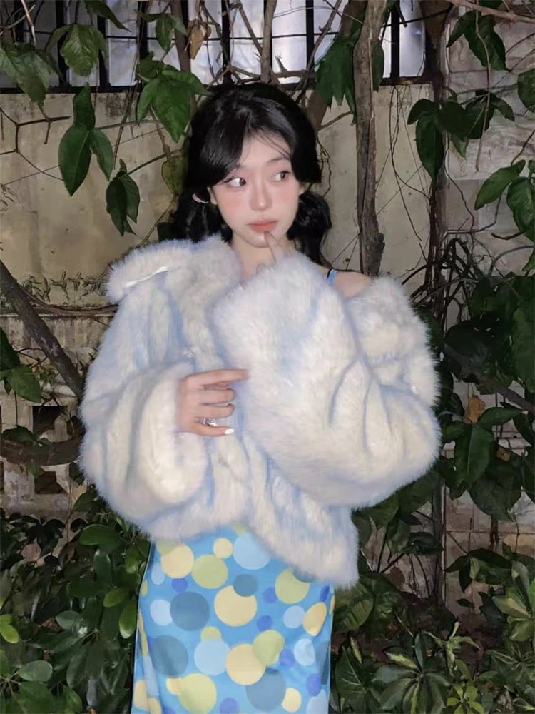とのアイスブルーミンク模造キツネの毛皮環境に優しい毛皮のコート女性のための短い人形の首輪肥厚ぬいぐるみ小人のため