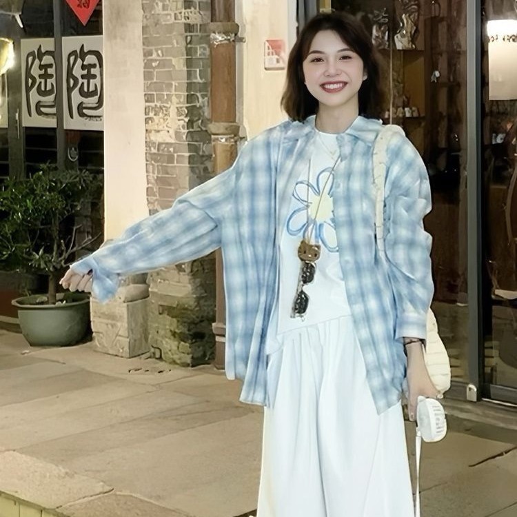 アメリカン 甘くてかっこいい風 灰青 差し色 チェック シャツ レディース 長袖 可愛い カジュアル 重ね着 塩系 アウター501296