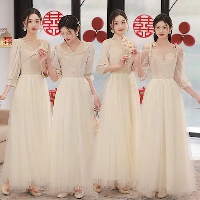 花嫁ロングドレスブライズメイド ドレス グレー お揃いドレス フォーマルドレス 体型カバー Vネック 母親 結婚式ワンピース 同窓会 パーティードレス メガ割 2025