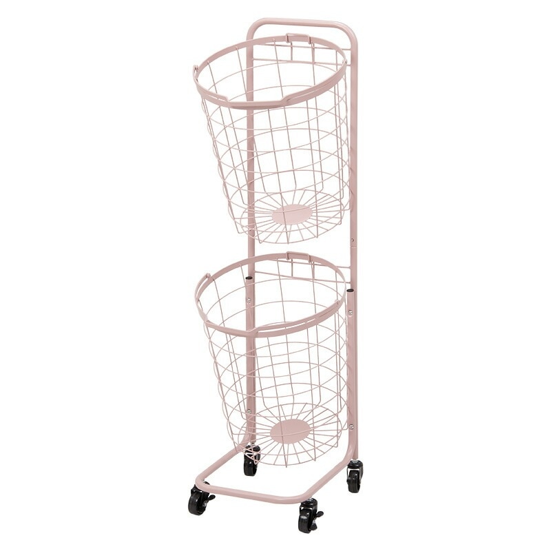 ２段ランドリーラック（丸型/スモーキーピンク）　KR-3972PI持ち運べるバスケットが便利縦型収納で省スペースに洗濯物を分別できます