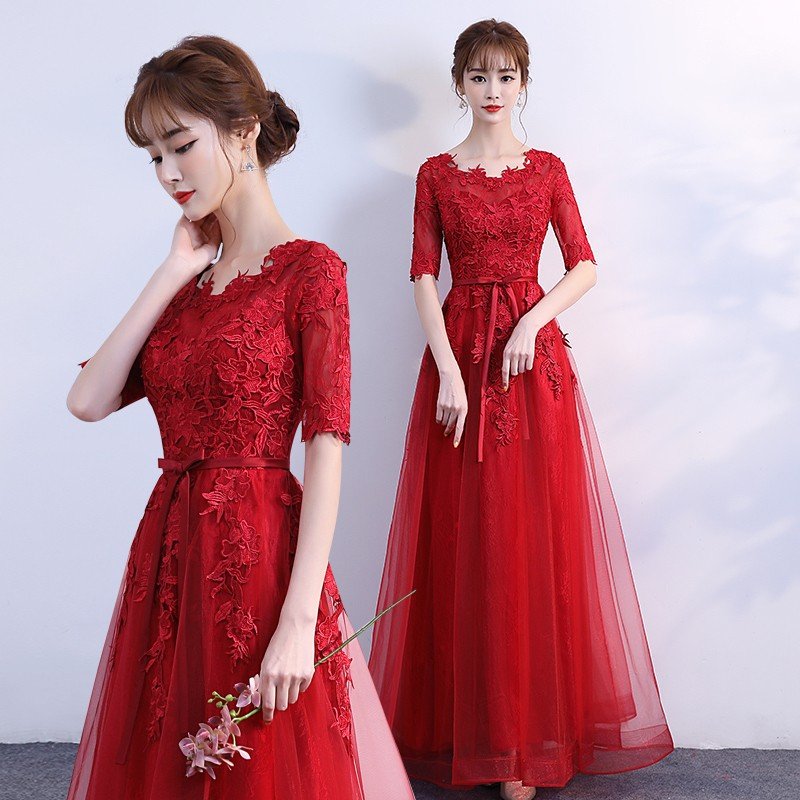 カラードレス 赤 安い ロングドレス 半袖 パーティードレス 結婚式 二次会 花嫁ドレス 披露宴 イブニングドレス 演奏会 フォーマルドレス サッシュリボン