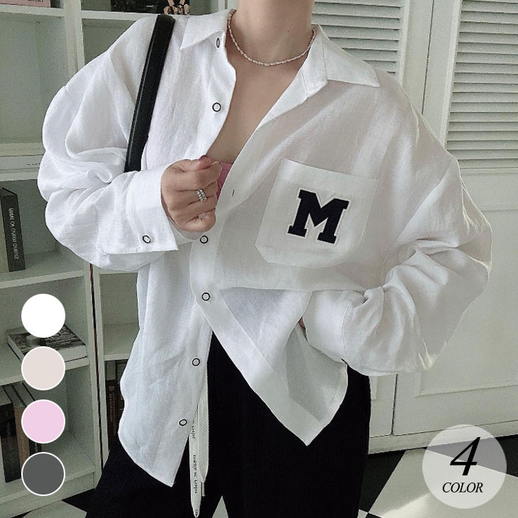 長袖 シャツ レターパッチシャツ レディース トップス 春 秋 羽織り ロングシャツ ストリート系 ロゴシャツ オシャレ シンプル カジュアル 韓国ファッション