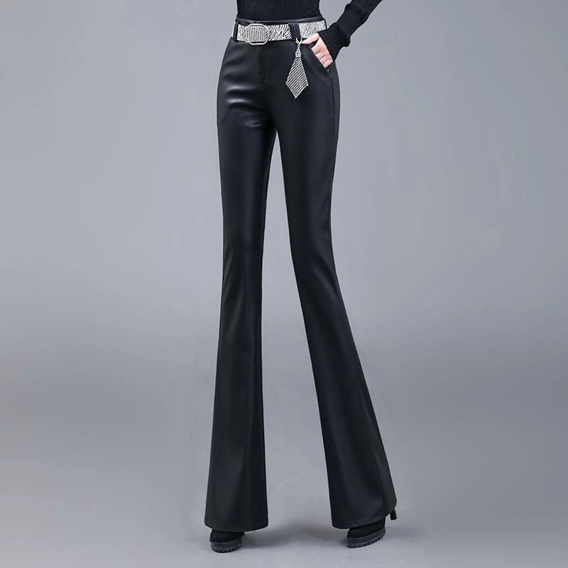 パンツ レディース ボトムス マイクロフレア PU レザーパンツ 秋冬 ハイウエスト スリムフィット ベルボトム カジュアル フレアパンツ