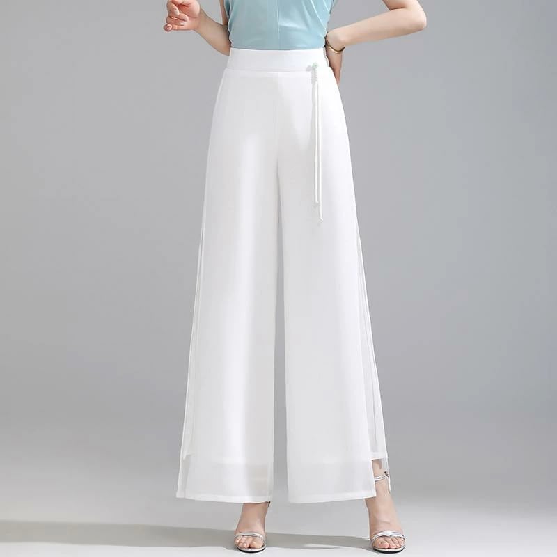 レディース ファッション おしゃれ 上品 シンプル 夏 二重層 シフォン ワイドレッグ パンツ 薄手 涼しい 涼しい ハイウエスト スリム スリット パンツ ストレート パンツ