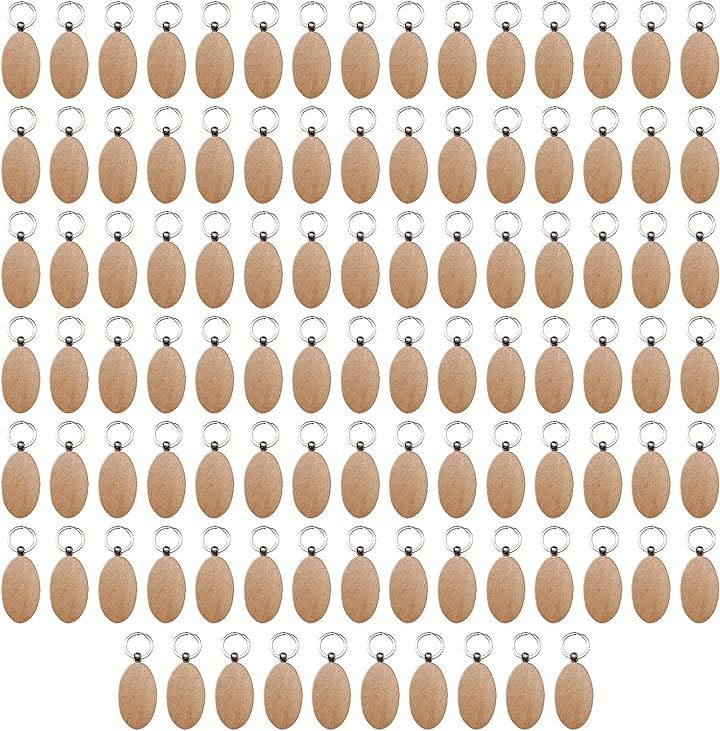 木製 キーホルダー チェーン 無地 ホテル オリジナル 手作り DIY 高級 大量( ナチュラルカラー楕円形100個セット)