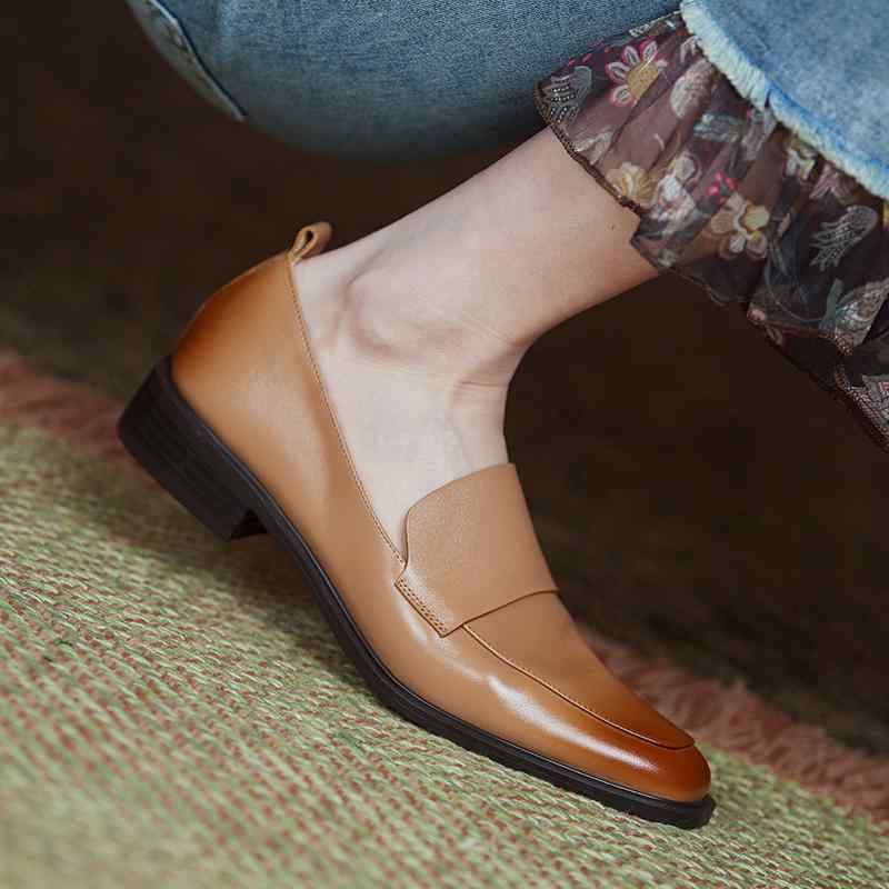 ローファー レディース 通学 通勤 学生 カレッジ 仕事 オフィス 春秋 ブラウン スモール レザーシューズ 英国 スタイル 革 深口 シングル シューズ ラウンドトゥ 太い ヒール