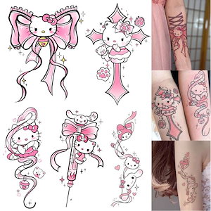 カラーラインの猫の刺青はかわいいネット赤ハローキティの指の花腕蝶ネクタイ防水女を貼っている