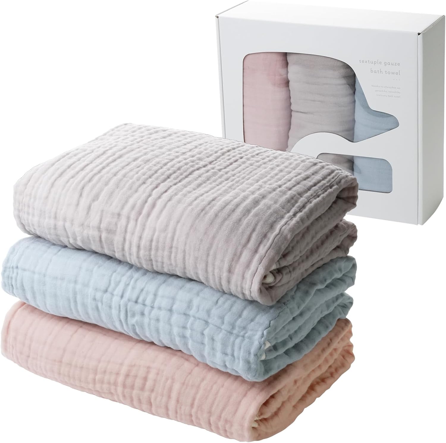 tecopeco 速乾吸水ベビーバスタオル ガーゼ ３枚 おくるみ 新生児 速乾 赤ちゃん 小さめ (ピンク×クリーム ・グレー×クリーム・ブル
